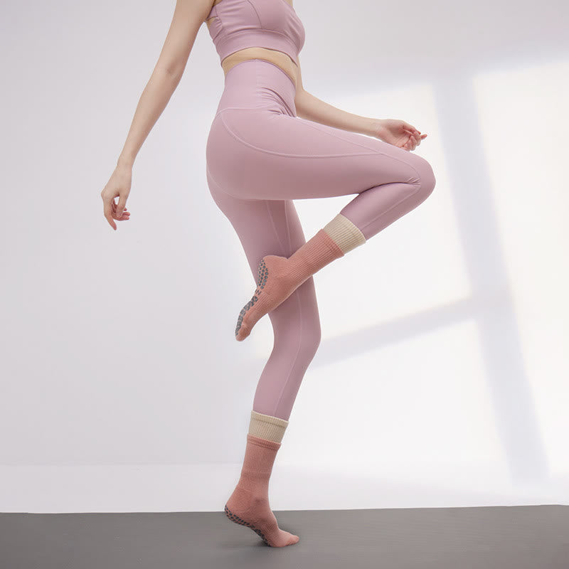 Calze Olivenorma a doppio strato a metà polpaccio antiscivolo per Pilates, Barre, con supporto caldo e traspirante, imbottitura in cotone, ideali per yoga. - Rosa e beige - 10 paia - image 5