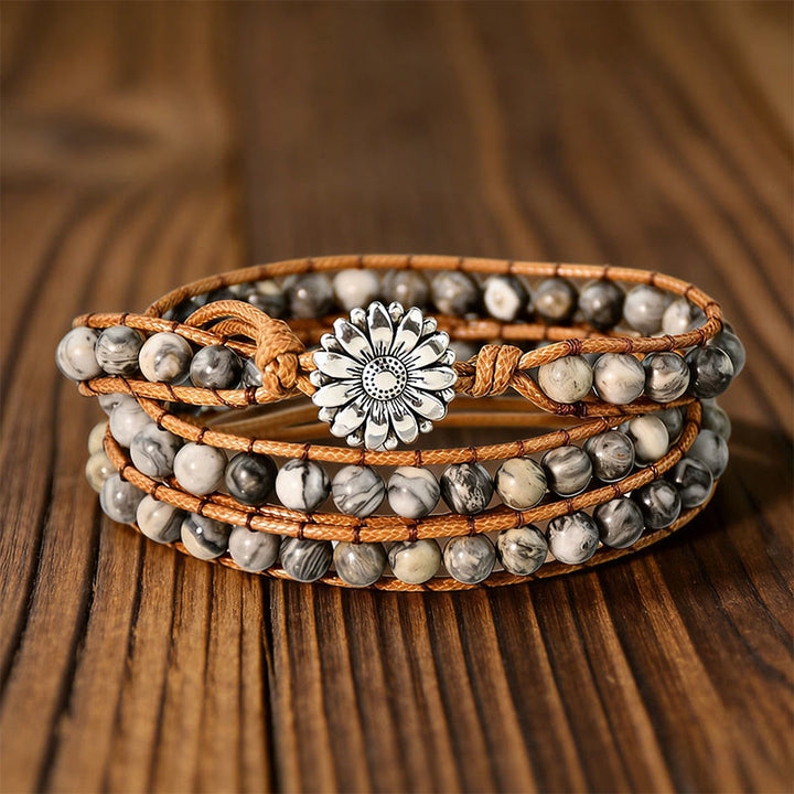 Bracciale avvolgente multi-stile bohémien intrecciato a mano Olivenorma - Diaspro grigio - image 6