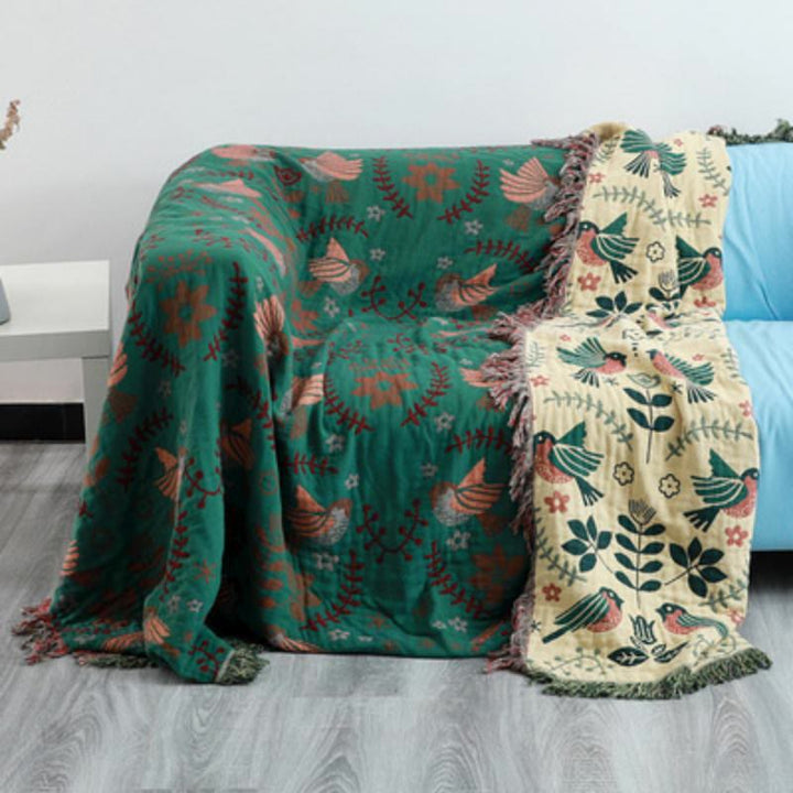 Coperta di arte nordica con uccelli primaverili Olivenorma - Verde - 230*250cm - image 0
