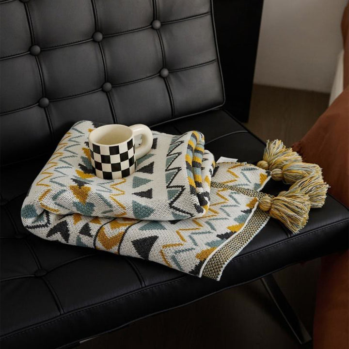 Coperta con nappe in maglia bohémien Brigg Olivenorma - Brigg Yellow - 150*200 cm - image 1