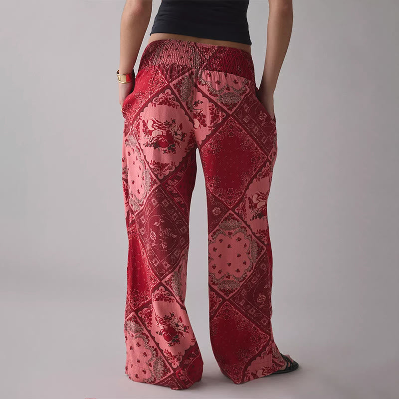 Olivenorma Pantaloni comodi casual con elastico in vita e vestibilità ampia, stile retrò vintage a quadri - Floreale rosso - L - image 0