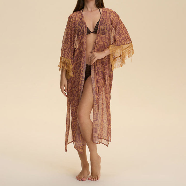 Olivenorma Cardigan estivo da donna in chiffon, vestibilità ampia e leggero, da spiaggia - Nilo geroglifico - image 3