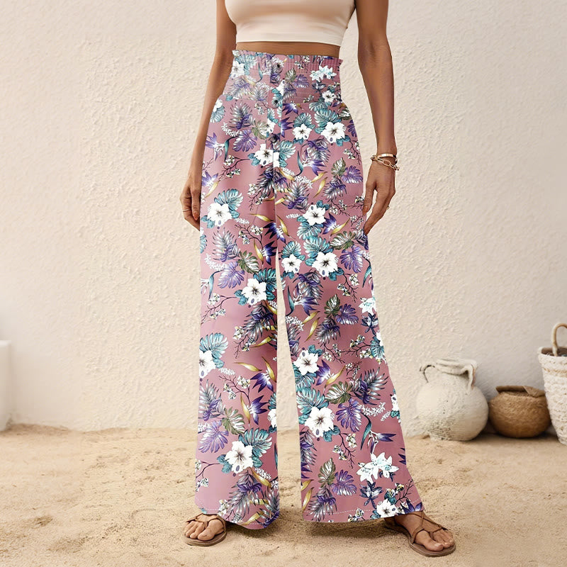 Olivenorma Pantaloni a gamba larga con stampa bohémien di alberi e uccelli, dettagli con bottoni e elastico in vita - Radice di loto rosa - 2XL - image 3
