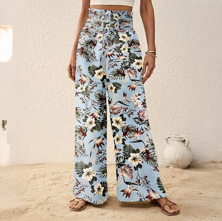 Olivenorma Pantaloni a gamba larga con stampa bohémien di alberi e uccelli, dettagli con bottoni e elastico in vita - Azzurro chiaro - 2XL - image 9
