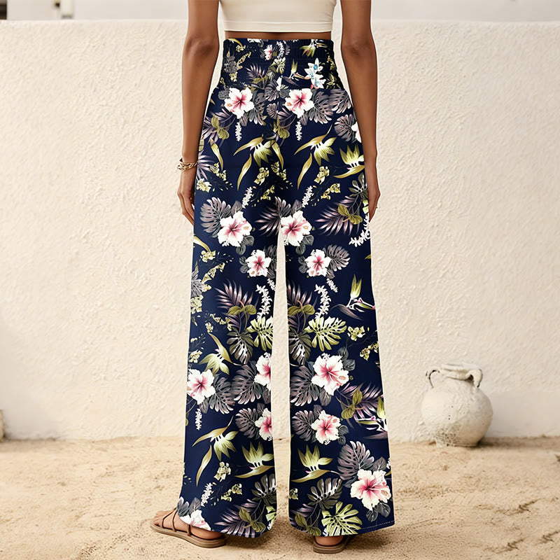 Olivenorma Pantaloni a gamba larga con stampa bohémien di alberi e uccelli, dettagli con bottoni e elastico in vita - image 8