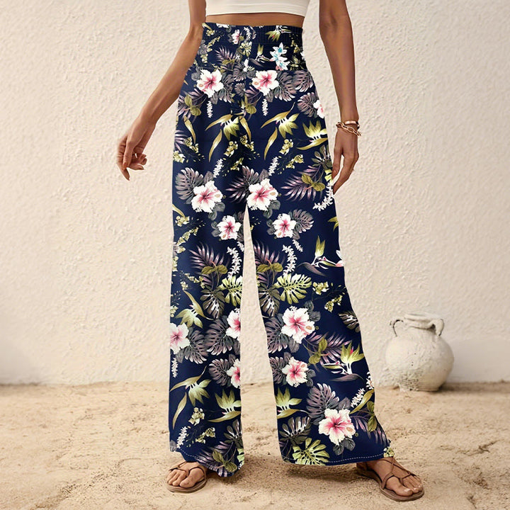 Olivenorma Pantaloni a gamba larga con stampa bohémien di alberi e uccelli, dettagli con bottoni e elastico in vita - Blu navy - 2XL - image 6