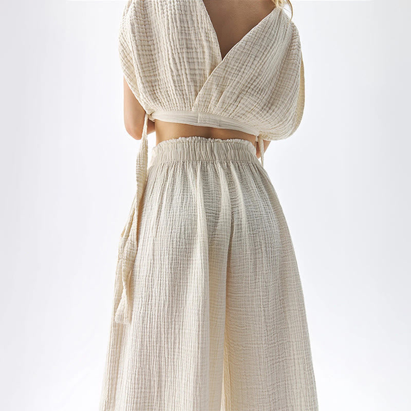 Pantaloni Olivenorma a vita alta, a doppio strato, in cotone, a gamba larga, casual e rilassati, lunghi fino al pavimento - image 2