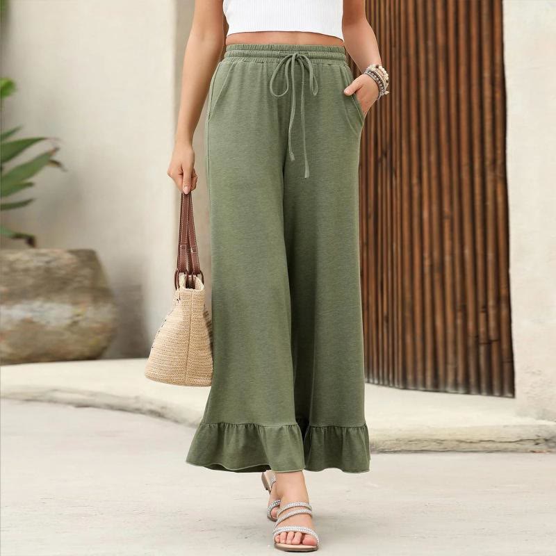 Olivenorma Pantaloni comodi casual larghi con orlo arricciato estivo da donna a nove punte - Verde oliva - 2XL - image 5