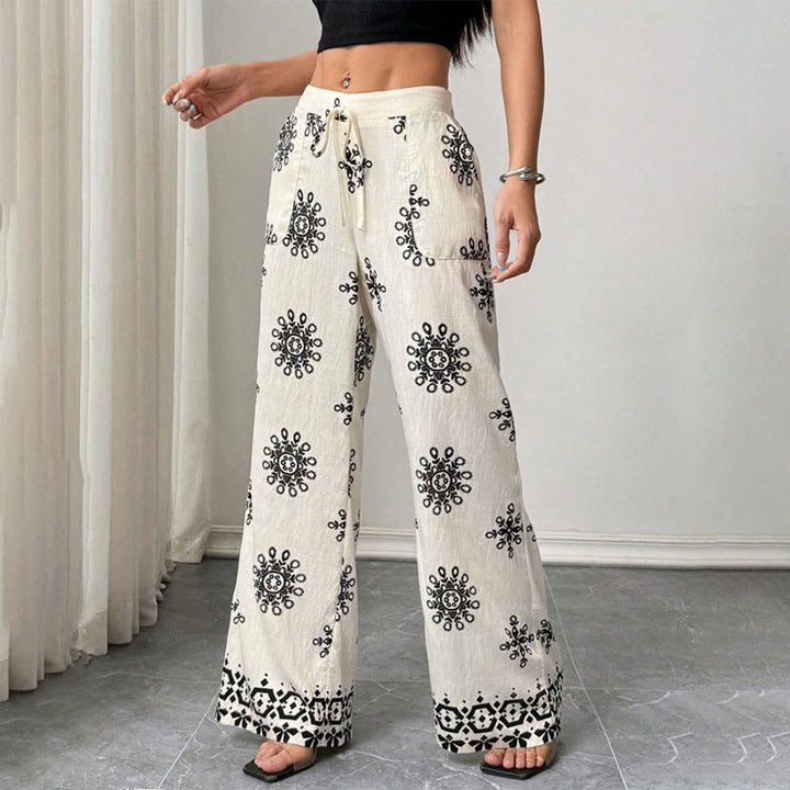 Olivenorma Pantaloni da donna casual larghi con stampa, vita elastica, comodi ed eleganti - Bianco - XL - image 0