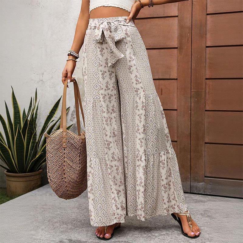 Pantaloni da vacanza estivi Olivenorma con gamba larga e cintura elasticizzata floreale e geometrica - image 0