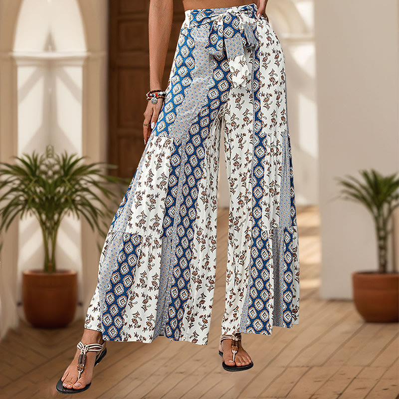 Pantaloni da vacanza estivi Olivenorma con gamba larga e cintura elasticizzata floreale e geometrica - Blu - XL - image 6