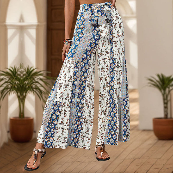 Pantaloni da vacanza estivi Olivenorma con gamba larga e cintura elasticizzata floreale e geometrica - Blu - XL - image 6