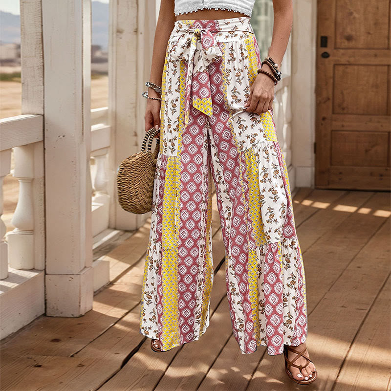 Pantaloni da vacanza estivi Olivenorma con gamba larga e cintura elasticizzata floreale e geometrica - Giallo - XL - image 7