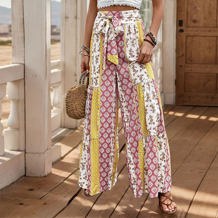 Pantaloni da vacanza estivi Olivenorma con gamba larga e cintura elasticizzata floreale e geometrica - Giallo - XL - image 7