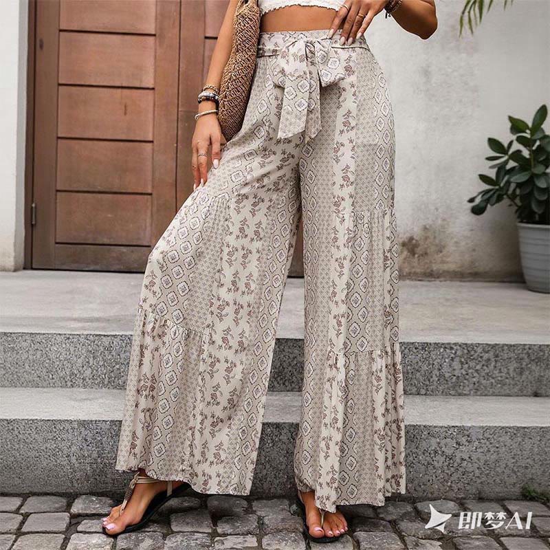Pantaloni da vacanza estivi Olivenorma con gamba larga e cintura elasticizzata floreale e geometrica - image 3