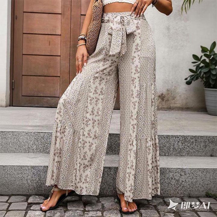 Pantaloni da vacanza estivi Olivenorma con gamba larga e cintura elasticizzata floreale e geometrica - image 3