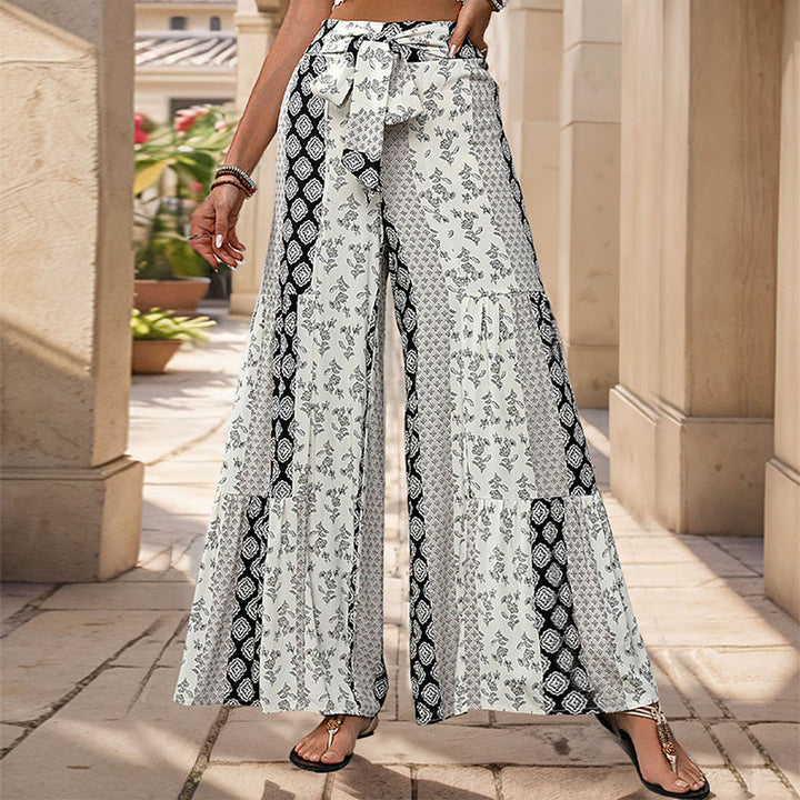 Pantaloni da vacanza estivi Olivenorma con gamba larga e cintura elasticizzata floreale e geometrica - Nero - XL - image 5
