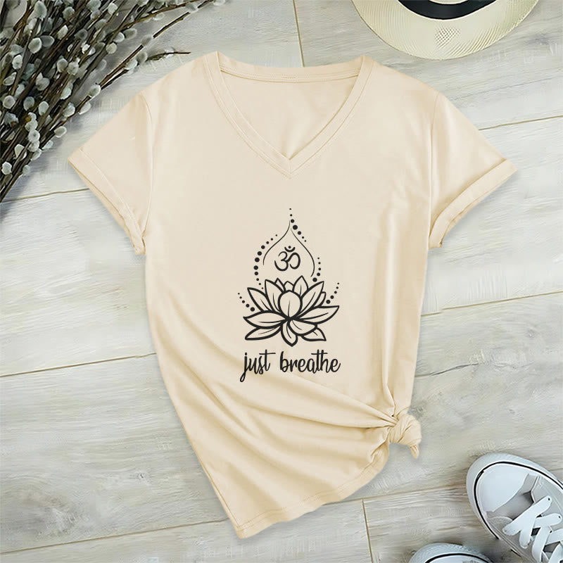 Maglietta con scollo a V per meditazione yoga "Just Breathe" Olivenorma - Cachi - 2XL - image 20
