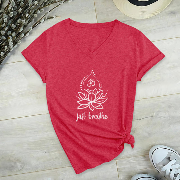 Maglietta con scollo a V per meditazione yoga "Just Breathe" Olivenorma - Rosso - 2XL - image 12