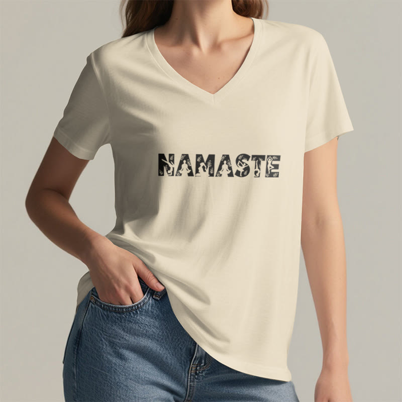 T-shirt con scollo a V minimalista Olivenorma Yoga Namaste Pose - image 3