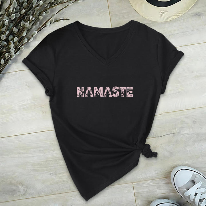 T-shirt con scollo a V minimalista Olivenorma Yoga Namaste Pose - Nero - 2XL - image 0