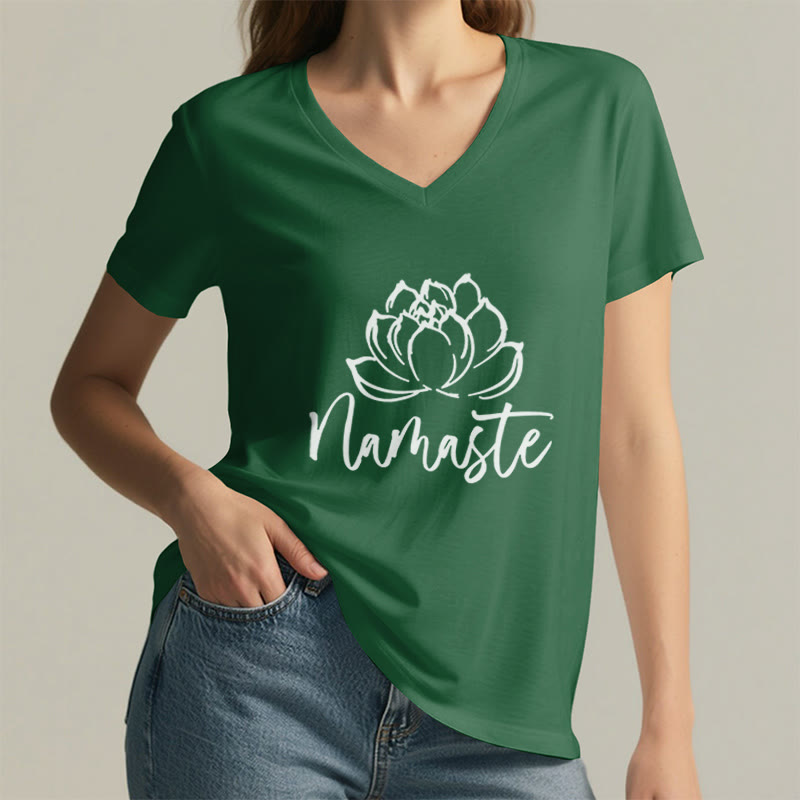 T-shirt con scollo a V Namaste per meditazione Olivenorma Lotus Yoga - image 15