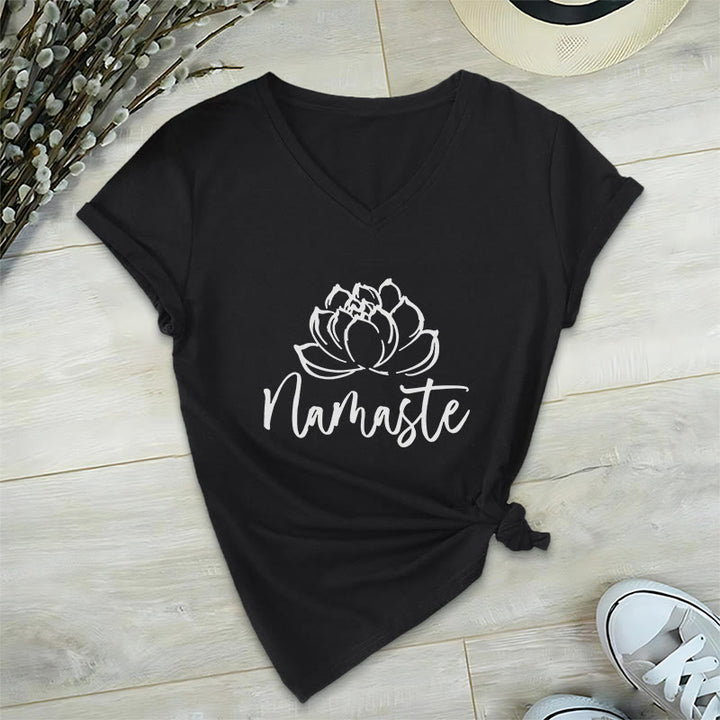 T-shirt con scollo a V Namaste per meditazione Olivenorma Lotus Yoga - Nero - 2XL - image 4