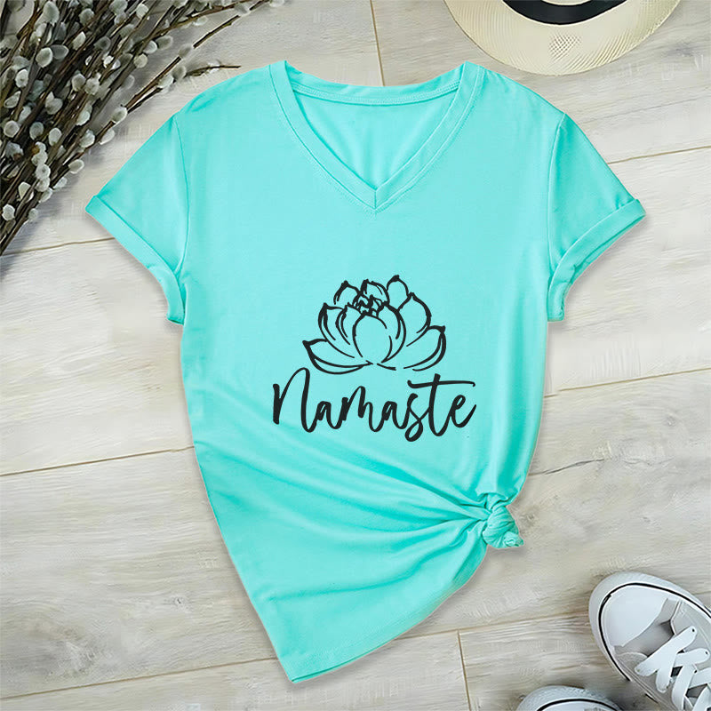 T-shirt con scollo a V Namaste per meditazione Olivenorma Lotus Yoga - Lago Blu - 2XL - image 0