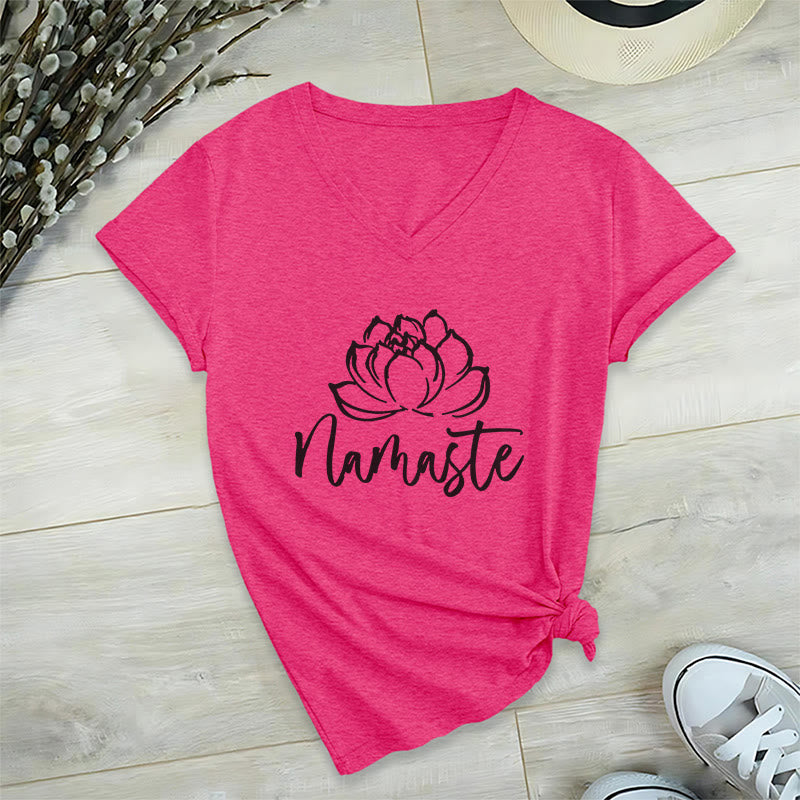 T-shirt con scollo a V Namaste per meditazione Olivenorma Lotus Yoga - Rosa rossa - 2XL - image 22