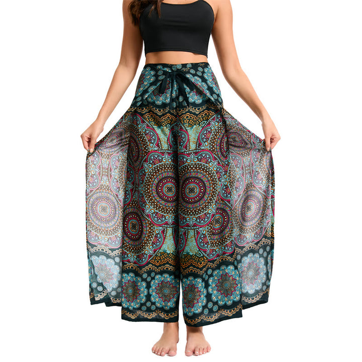 Olivenorma Pantaloni a gamba larga con motivo a farfalla bohémien da donna - Verde - image 1