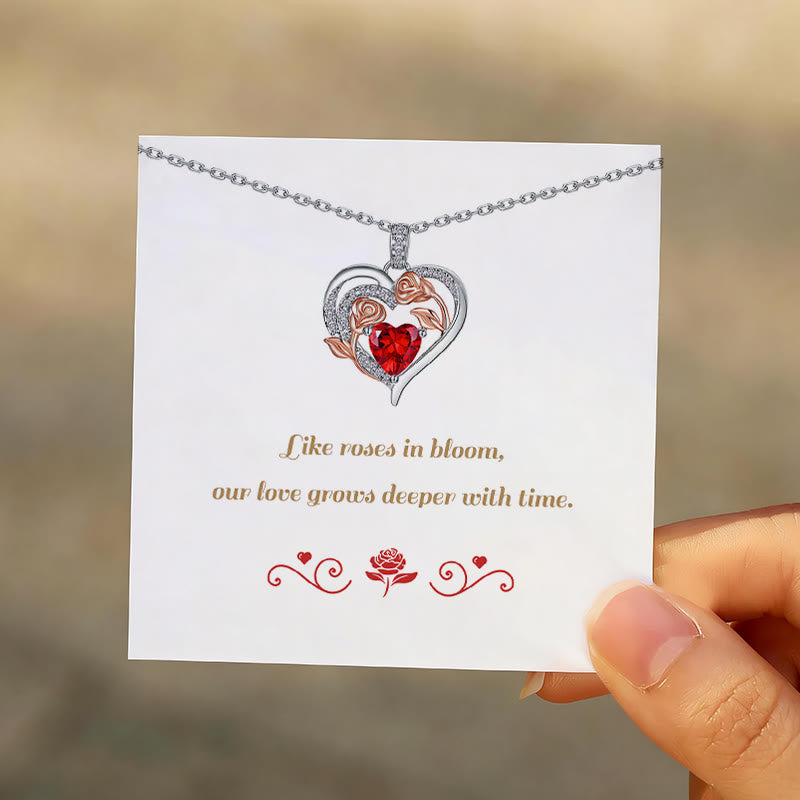 Collana con carta regalo Olivenorma Double Roses Flower Heart e pietra portafortuna - image 1