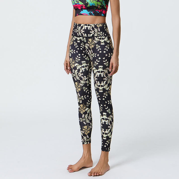 Pantaloni da yoga con stampa floreale geometrica a vita alta Olivenorma - Fiori bianchi gialli - XL - image 4