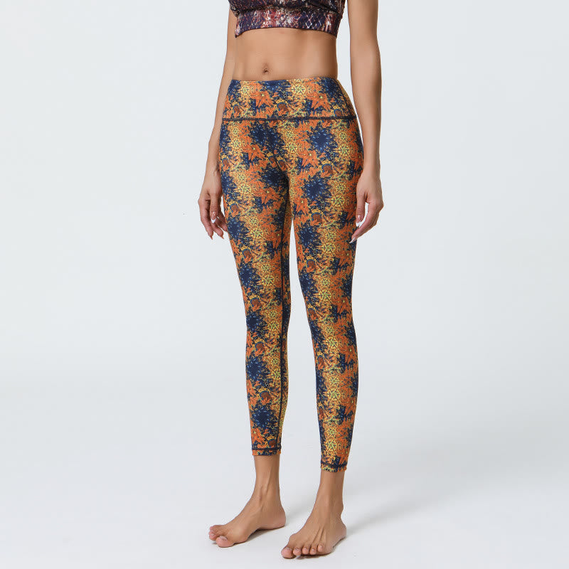 Pantaloni da yoga con stampa floreale geometrica a vita alta Olivenorma - Fiori blu intenso - XL - image 1