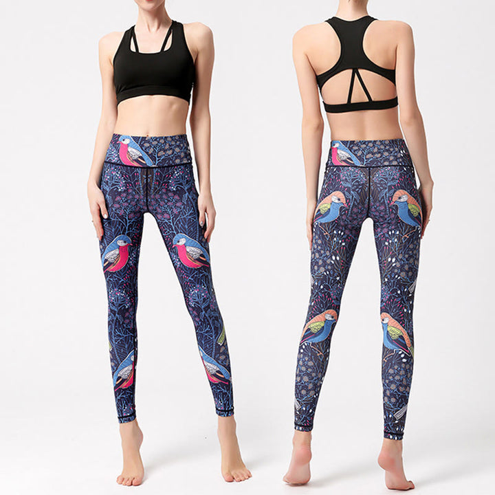 Olivenorma Pantaloni da yoga a vita alta con stampa di uccelli graziosi - image 3