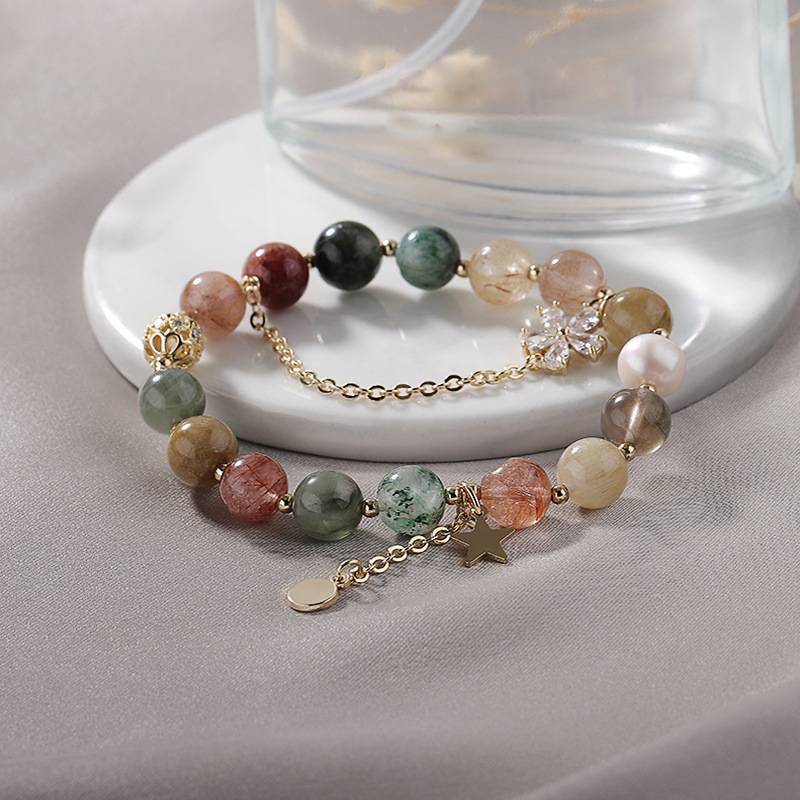 Bracciale Olivenorma con perline di luna, stella e quarzo rutilato in oro e tormalina - image 1