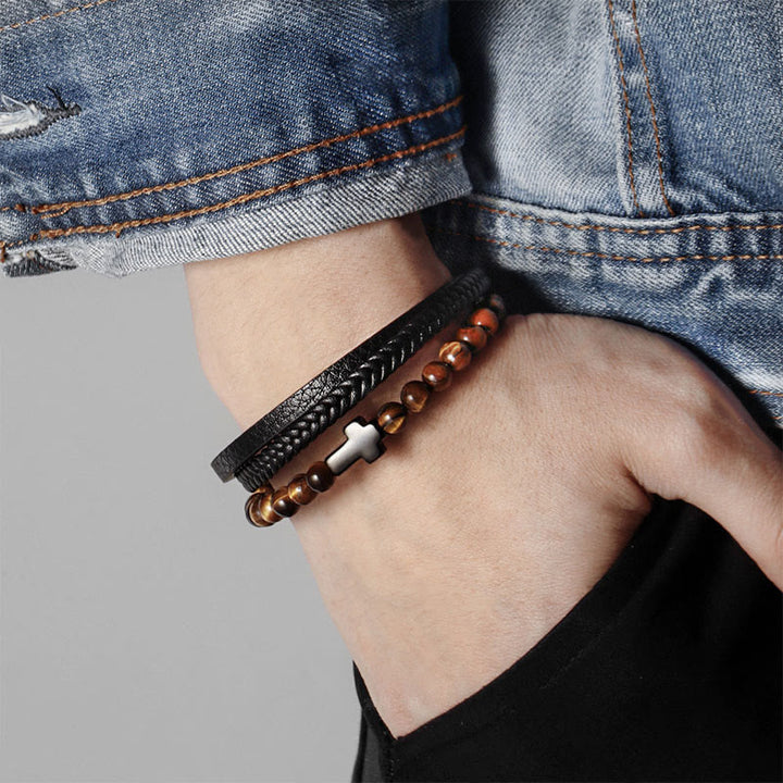 Bracciale in pelle intrecciata in acciaio inossidabile con croce in occhio di tigre Olivenorma - image 2