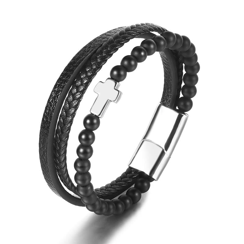 Bracciale in pelle intrecciata in acciaio inossidabile con croce in occhio di tigre Olivenorma - Croce in onice nero e argento - image 11
