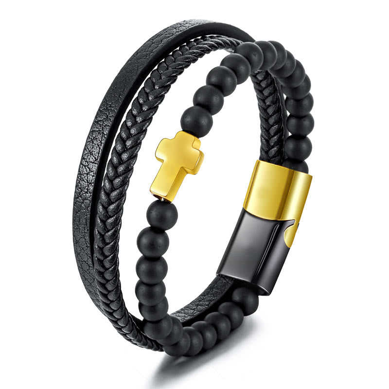 Bracciale in pelle intrecciata in acciaio inossidabile con croce in occhio di tigre Olivenorma - Onice nero e croce dorata - image 10
