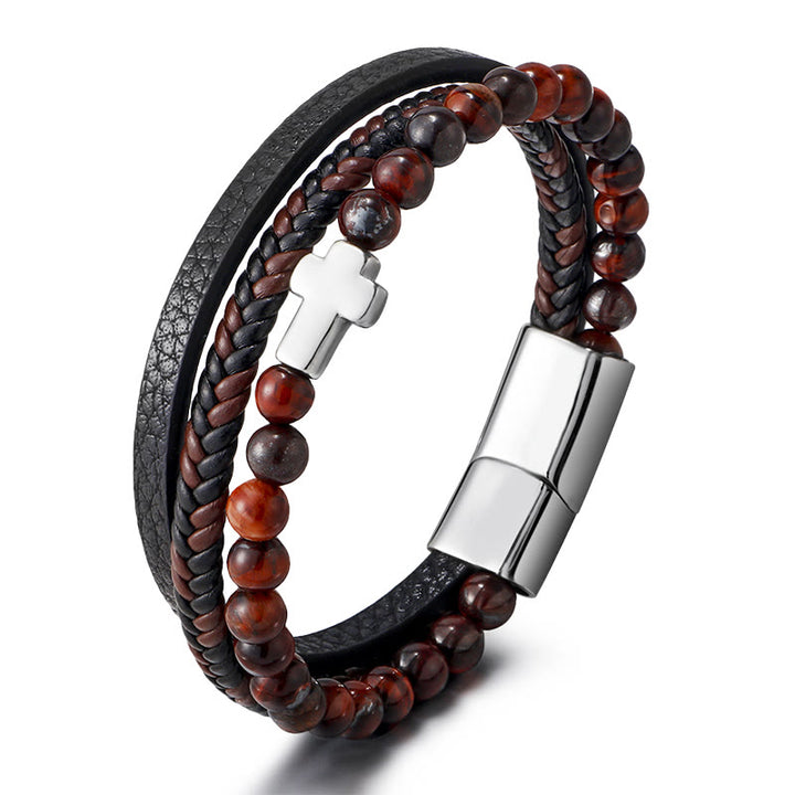 Bracciale in pelle intrecciata in acciaio inossidabile con croce in occhio di tigre Olivenorma - Occhio di tigre rosso e croce d'argento - image 3