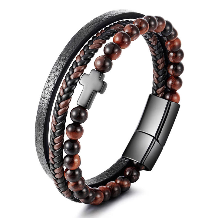 Bracciale in pelle intrecciata in acciaio inossidabile con croce in occhio di tigre Olivenorma - Occhio di tigre rosso e croce nera argentata - image 1