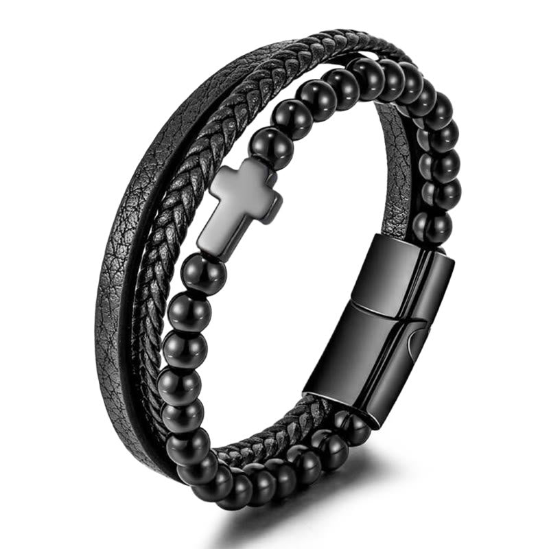 Bracciale in pelle intrecciata in acciaio inossidabile con croce in occhio di tigre Olivenorma - Croce nera in ossidiana e argento - image 8