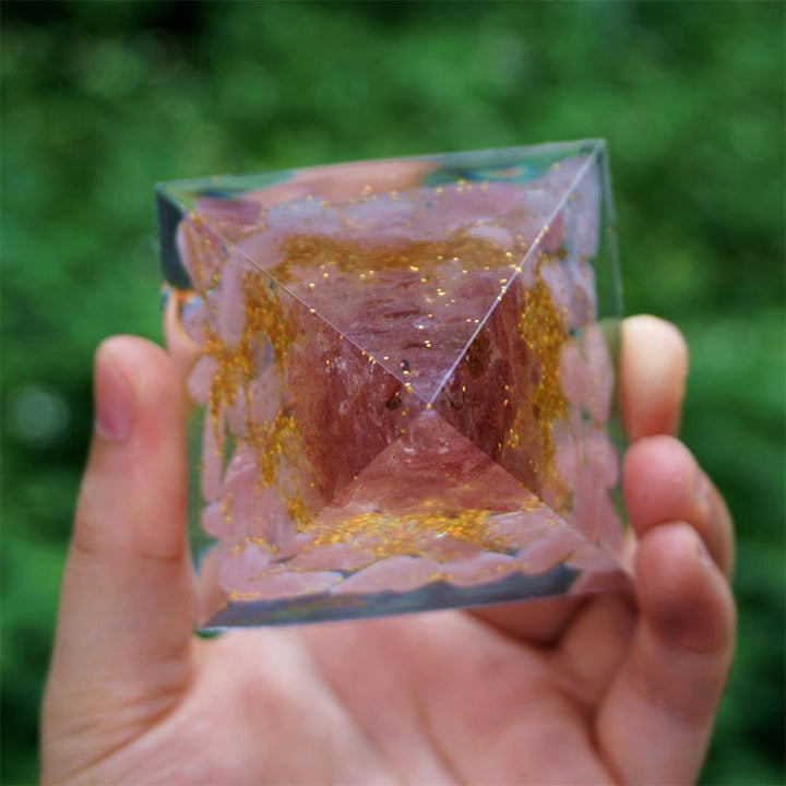 Olivenorma Albero della Vita Quarzo Fragola con Piramide Orgonica in Quarzo Rosa 