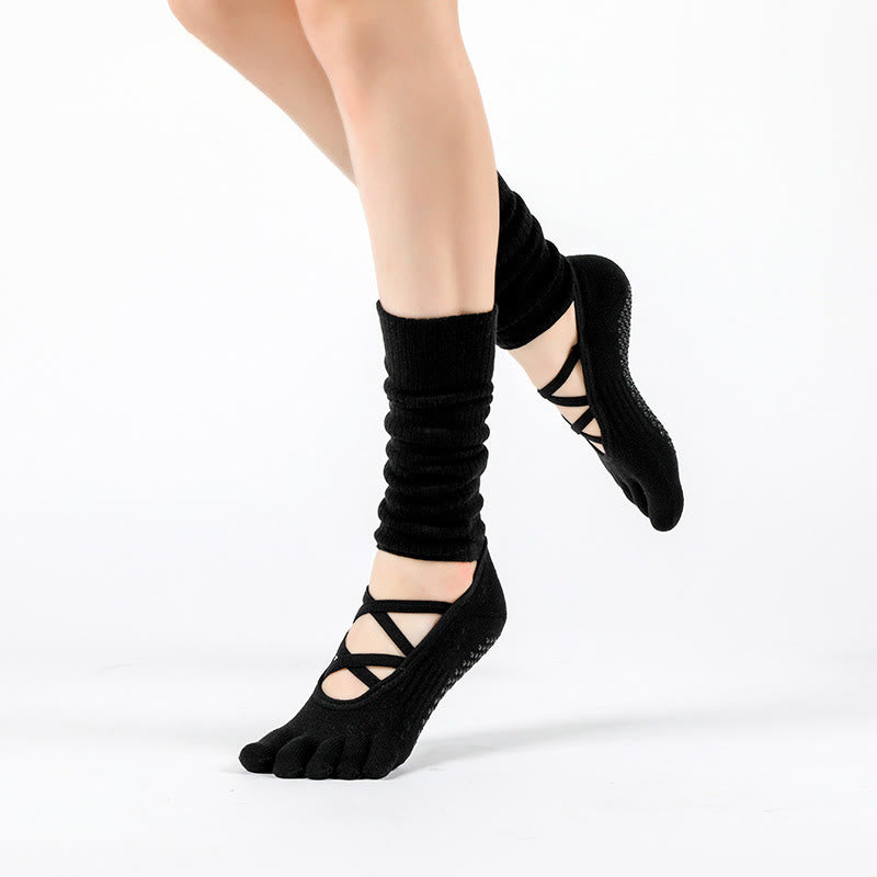 Calzini Olivenorma con cinturino elastico per yoga, barre, pilates e allenamento, antiscivolo, con cinturino incrociato sicuro e traspiranti e confortevoli. - Nero - 5 paia - image 8
