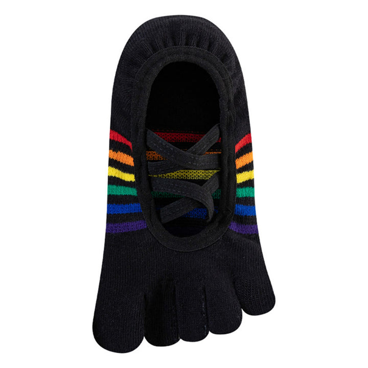 Calze da yoga da donna Olivenorma con cinturino incrociato, senza tallone, cinque dita, con blocchi di colore arcobaleno, antiscivolo e traspiranti. - Nero - 10 paia - image 3