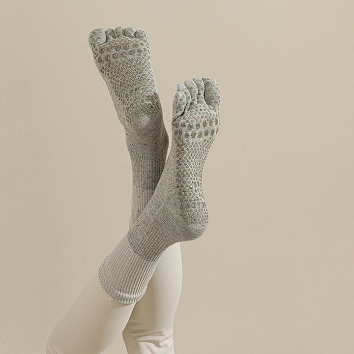 Calzini da yoga da donna Olivenorma a metà polpaccio, traspiranti, in cotone, con fantasia floreale, antiscivolo ed eleganti. - Grigio chiaro - 10 paia - image 3