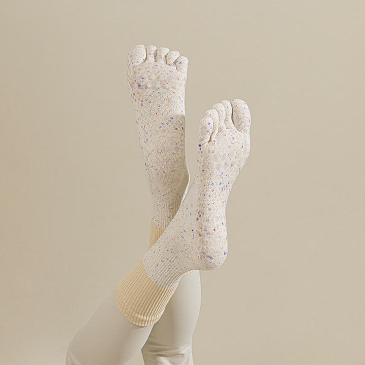 Calzini da yoga da donna Olivenorma a metà polpaccio, traspiranti, in cotone, con fantasia floreale, antiscivolo ed eleganti. - Bianco Latte - 10 paia - image 5
