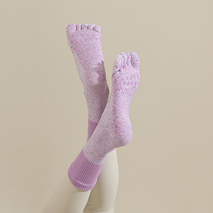 Calzini da yoga da donna Olivenorma a metà polpaccio, traspiranti, in cotone, con fantasia floreale, antiscivolo ed eleganti. - Viola pallido - 10 paia - image 8