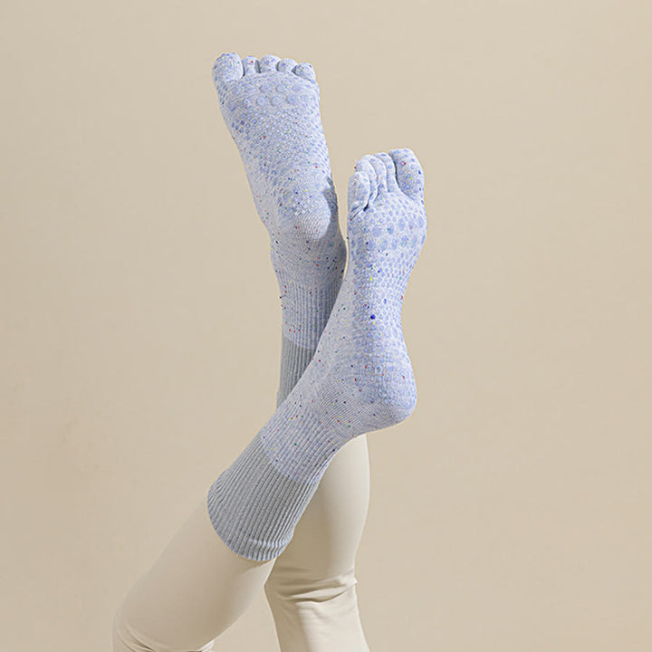 Calzini da yoga da donna Olivenorma a metà polpaccio, traspiranti, in cotone, con fantasia floreale, antiscivolo ed eleganti. - Blu celeste - 10 paia - image 10