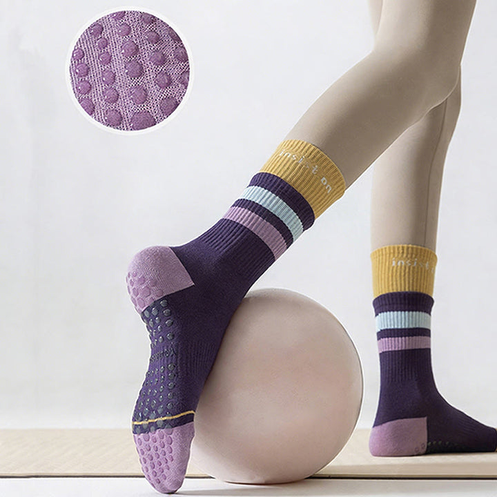 Calze da yoga da donna Olivenorma a copertura totale, a metà polpaccio, in cotone, antiscivolo, con blocchi di colore, comode - Viola - 10 paia - image 7