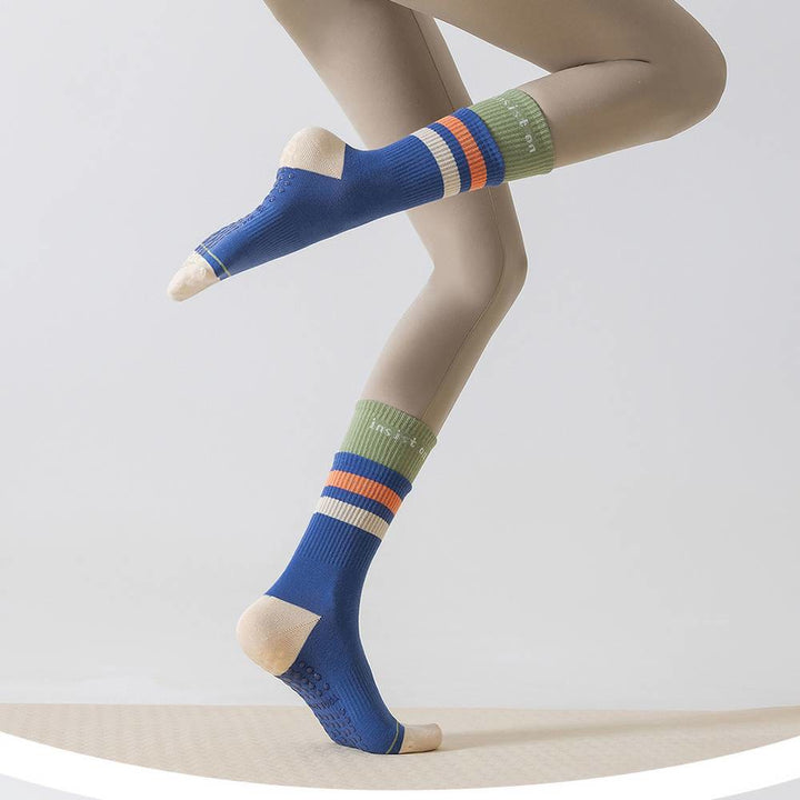 Calze da yoga da donna Olivenorma a copertura totale, a metà polpaccio, in cotone, antiscivolo, con blocchi di colore, comode - Blu - 10 paia - image 10